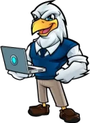 Eagle IT Mascot with Vest Facing Left Providing IT Support