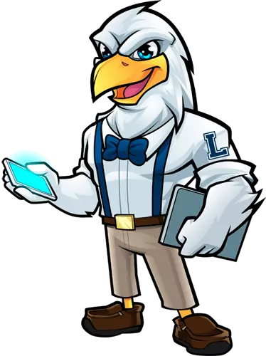 Eagle IT Mascot with Bowtie Facing Left Providing Phone Help and Creative Solutions.